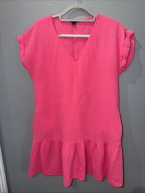 Ann Taylor Bright Pink V-Neck Ruffle Hem Dress